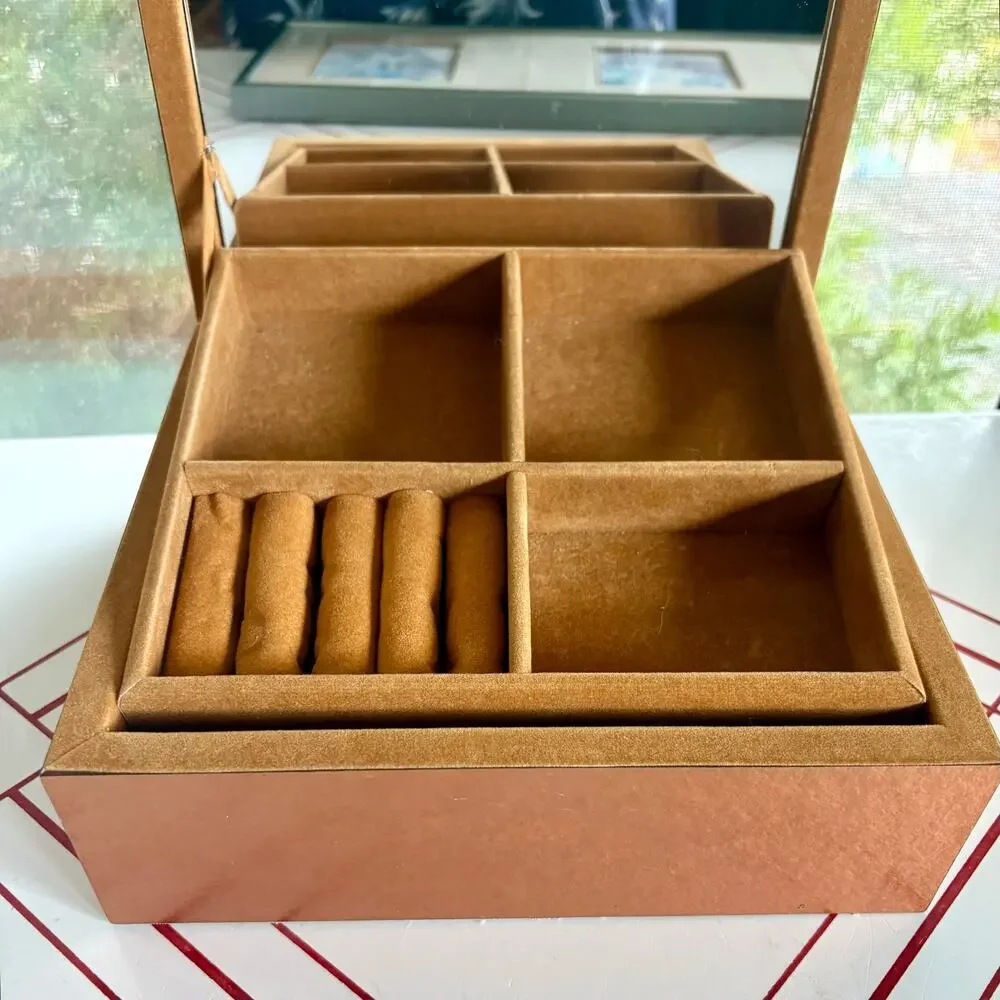 Vintage Mirrored Jewelry Box with 2 Removable Velvet Trays Brown Finish